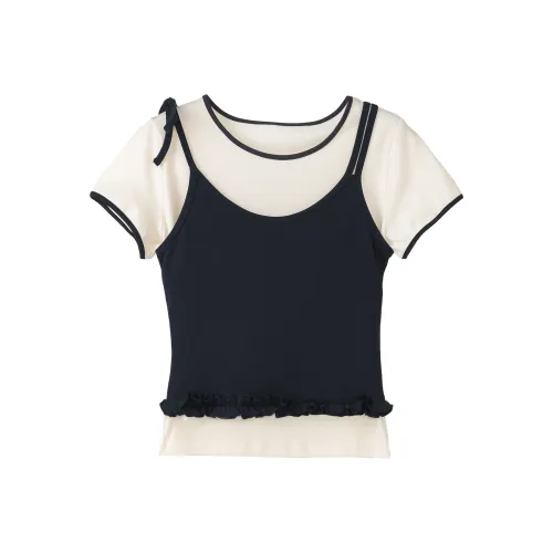 Fstudio Корейский стиль Цветовой блок Круглый вырез Два предмета Комплект Мода Короткий рукав Т-рубашка Женская