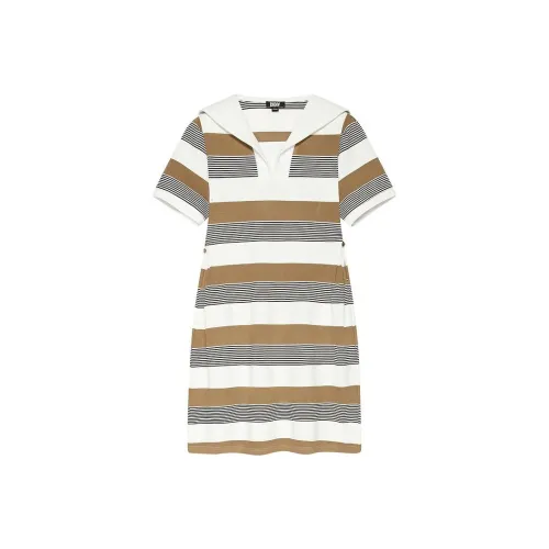 DKNY SS24 Короткое платье с короткими рукавами женское кофейные полоски