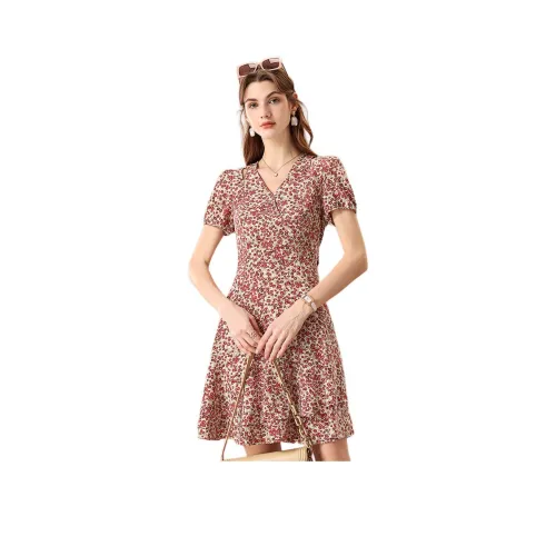 FENHONGMALI Короткий рукав Платье Женское Красные цветы