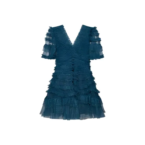 NEEDLE & THREAD Blue Женские Короткие Платья с Рукавами