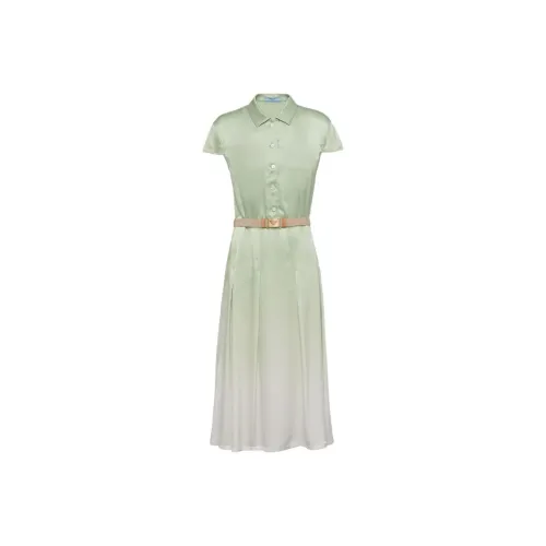 PRADA С принтом Сатин Crepe Платье Короткое с рукавами Платье Женское Светло-зеленый