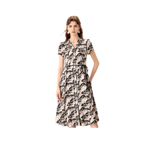 FENHONGMALI Короткий рукав Платье Женское Черный цветок