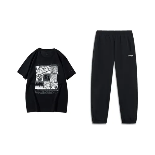 Подкладка Basketball Collection Повседневная Спортивная Одежда Унисекс Набор Черный Короткий Рукав Топ + Черные Штаны