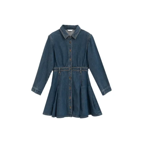 Pit Длинный рукав Платье Женское Темно-джинсовый синий
