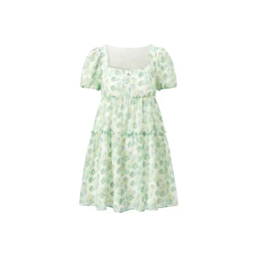 LEDIN Зеленый Принт Женские Короткие Платья с Рукавами