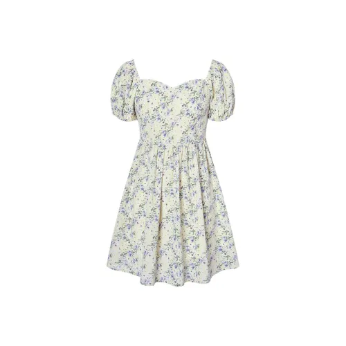 I'M ONE SS22 Квадратный воротник Облегающий Короткий рукав Платье Женское Vintage Multicolor