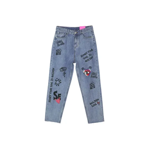 LALABOBO Джинсы Женские Средне-голубой Белый