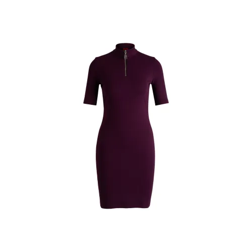 HUGO BOSS Темно-фиолетовые Женские Платья с Коротким Рукавом