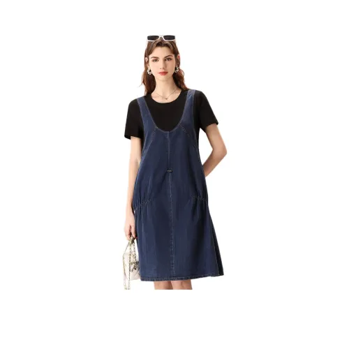 FENHONGMALI Короткий рукав Платье Женское Синий