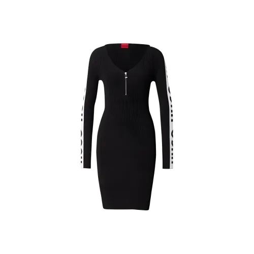 HUGO BOSS Черное Женское Длинное Платье с Длинным Рукавом