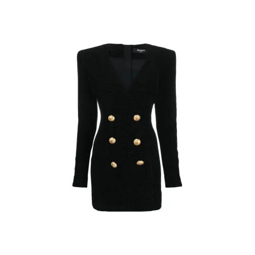 BALMAIN Черное Женское Длинное Платье с Рукавами