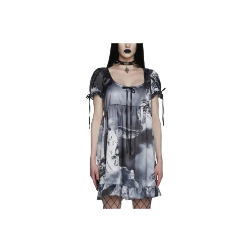 Dolls Kill Widow Revenant Faces Платье бэбидолл Короткий рукав Платье Женское Черный Черный