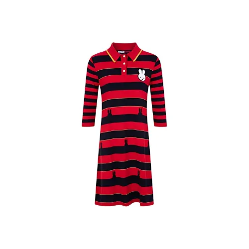 Tommy Hilfiger Женские Короткие Платья с Полосами, Красный и Черный, с Рукавами