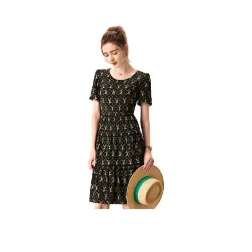 FENHONGMALI Короткий рукав Платье Женское Черное с зелеными цветами