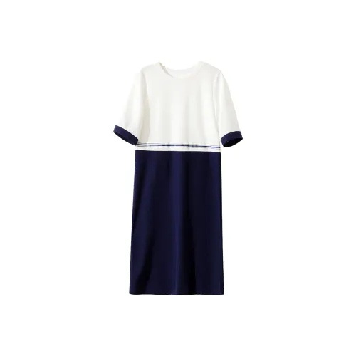 Wbwq Короткий рукав Платье Женское Темно-синий и белый