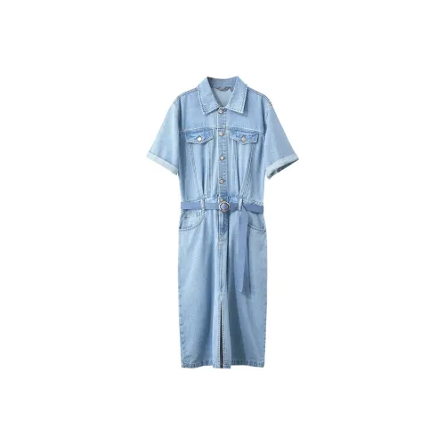 AMII Короткое платье с короткими рукавами женское джинсовый синий