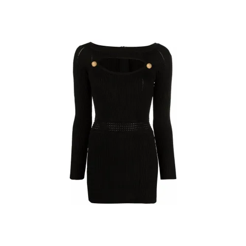 BALMAIN Черное Женское Длинное Платье с Рукавами