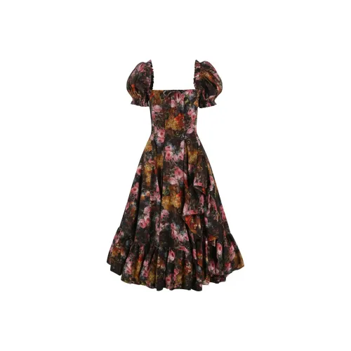 Selkie Коллекция x Bridgerton FW24 Короткий рукав платье женское GENEVIEVE Night виноградный эскиз с принтом