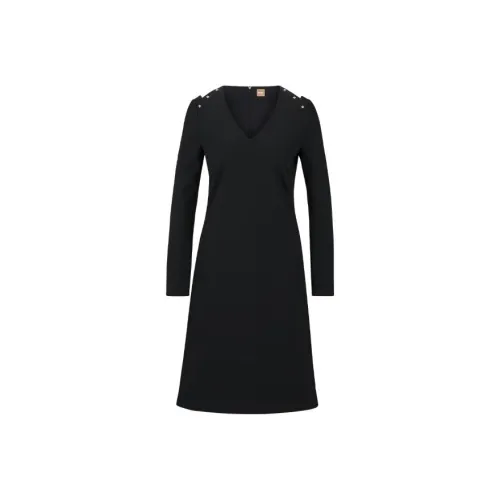 HUGO BOSS Черное Женское Длинное Платье с Длинным Рукавом