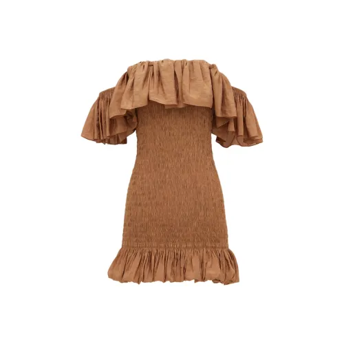 SAINT LAURENT Короткое платье с короткими рукавами женское карамельного цвета