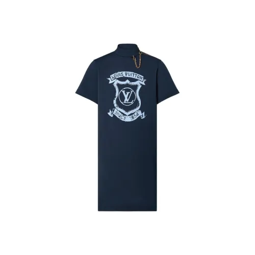 LOUIS VUITTON Короткое платье с короткими рукавами женское темно-синее