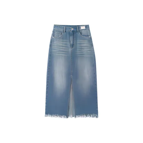 OUNIXUE Denim Long Skirt Women's Blue