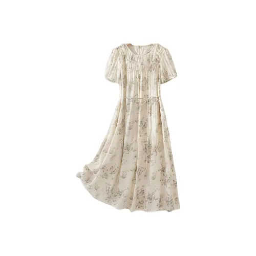 IHIMI SS24 Короткий рукав Платье Женское Бежевый с чернильным принтом