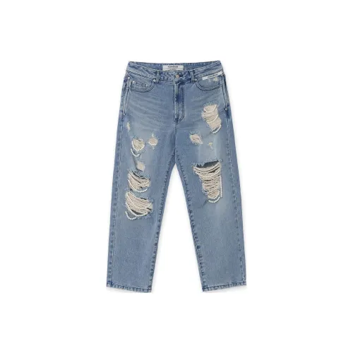 KIMHEKIM SS24 Pearl Embellished Distressed Jeans Women's Sky Blue Sky Blue
