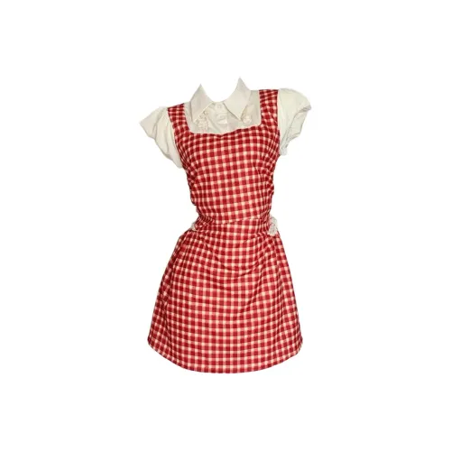 RTNH Короткий рукав платье женское красное клетка