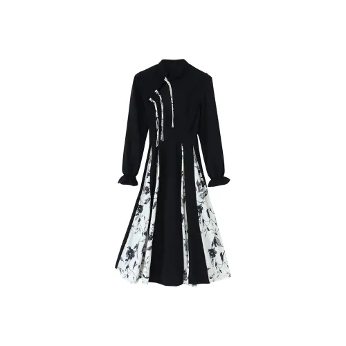 Mu Qingqing Длинное платье с длинными рукавами женское черное