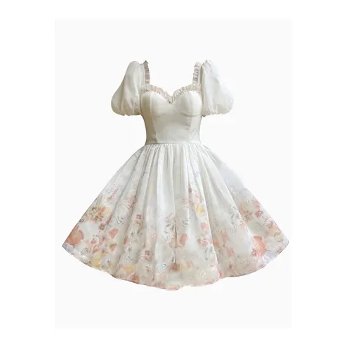 HDFULERN Короткий рукав платье женское облако неон цветочный