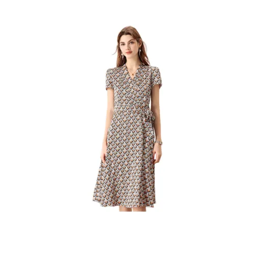 FENHONGMALI Короткий рукав Платье Женское Оранжевое