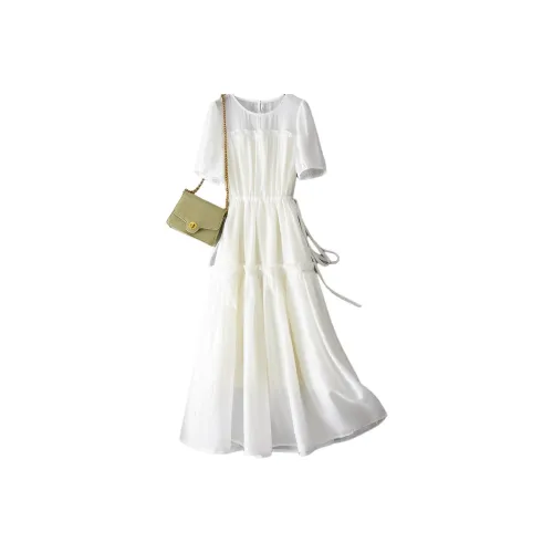 IHIMI Короткий рукав Платье Женское Экрю