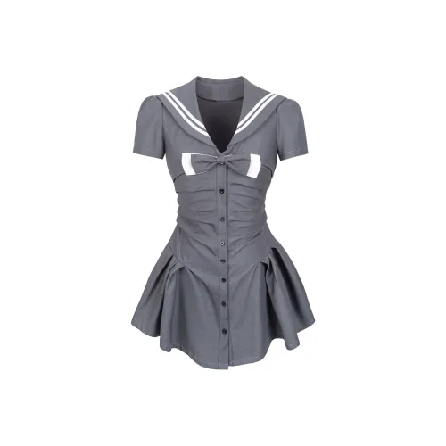 9 Кошка Лакомства Палочки Короткий рукав Платье Женское Серое