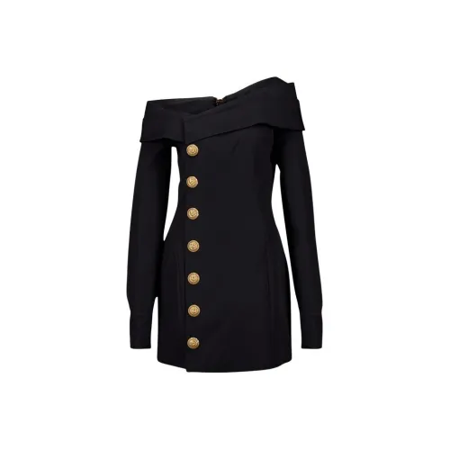 BALMAIN Черное Женское Длинное Платье с Рукавами