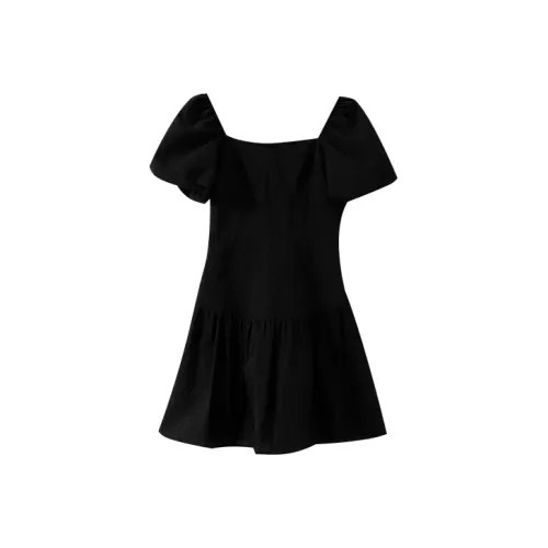 YUMOMO STAR Черный Жаккард Женские Короткие Платья с Рукавами