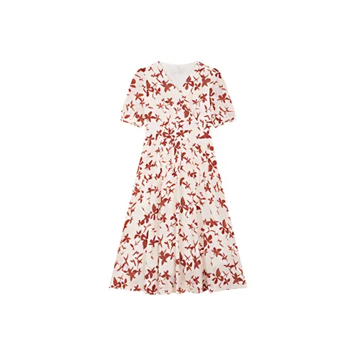 Mapping Короткий рукав Платье Женское Светлый Бежевый с Красным цветочным принтом