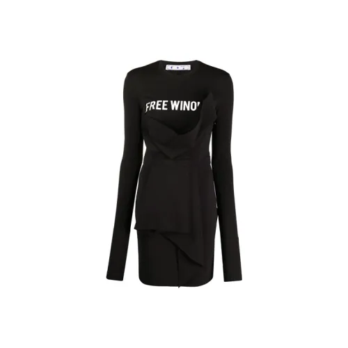 Off Белый FW21 Черный Женские Длинные Платья с Рукавами