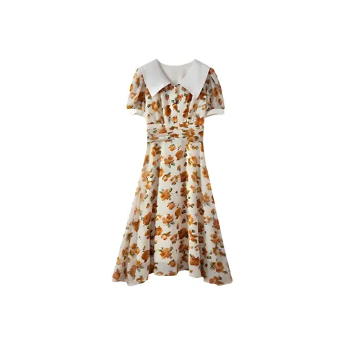 Emodues Короткий рукав Платье Женское Апельсин