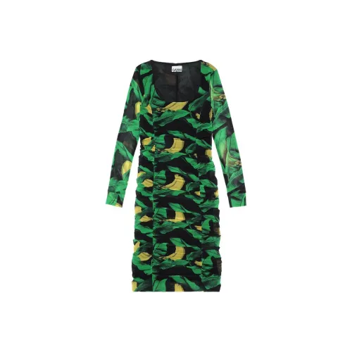 GANNI Черное Женское Длинное Платье с Рукавами