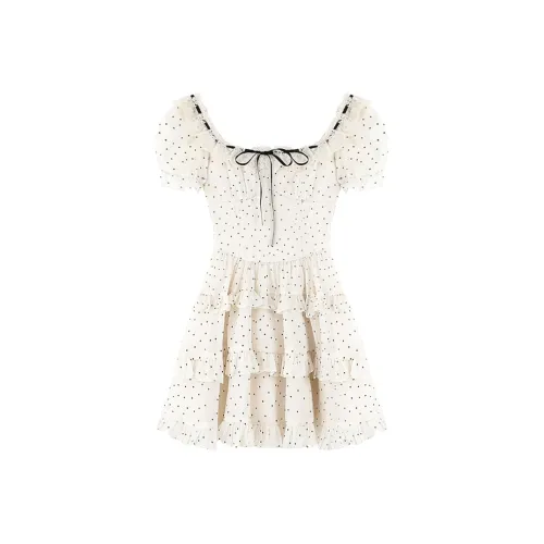 ACAINES Короткое платье с короткими рукавами женское кремового цвета в горошек