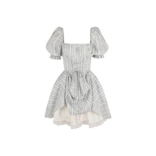 Selkie Коллекция FW24 Короткий рукав Платье Женское Светло-синий Вертикальные полосы Белый чайные полотенца С принтом