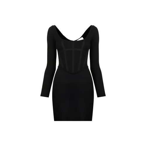 DION LEE Черное Женское Длинное Платье с Рукавами