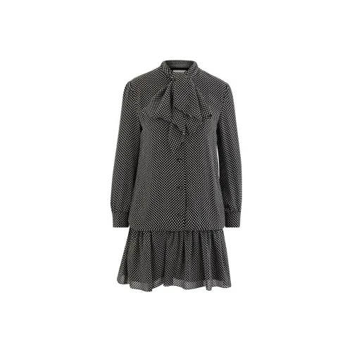 CELINE Длинное платье с длинными рукавами женское черное с белыми точками