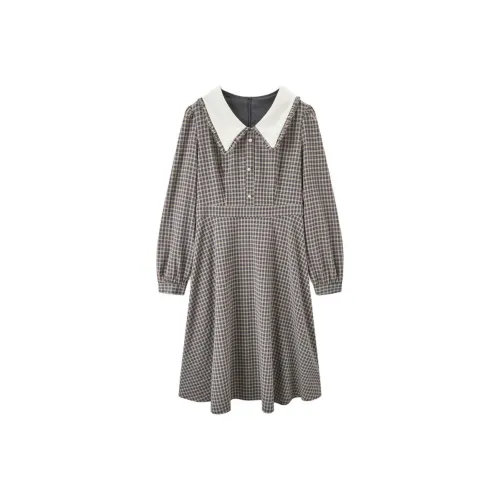 EICHITOO Длинное платье с длинными рукавами женское красно-коричневое в клетку