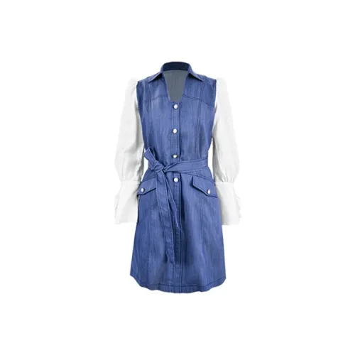 Even Vintage А-линия Юбка Платье Синий Белый