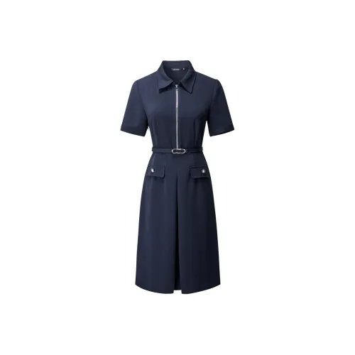 Yan Domain Короткий рукав Платье Женское Темно-синий