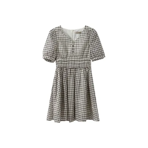 YUMOMO STAR Абрикос с Черной клеткой Женские Короткие Платья с Рукавами