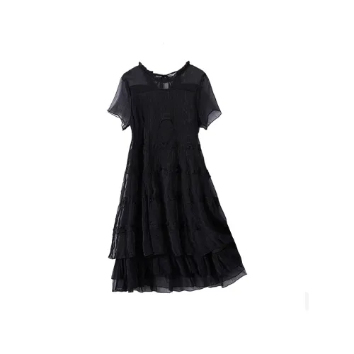 Mapping Короткий рукав Платье Женское Черное