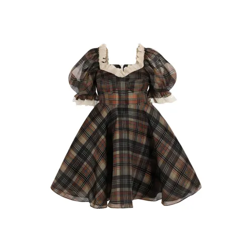 Selkie Коллекция FW24 Короткий рукав Платье Женское Коричневое Подкладочная ткань с узором в клетку "гусиная лапка" с принтом